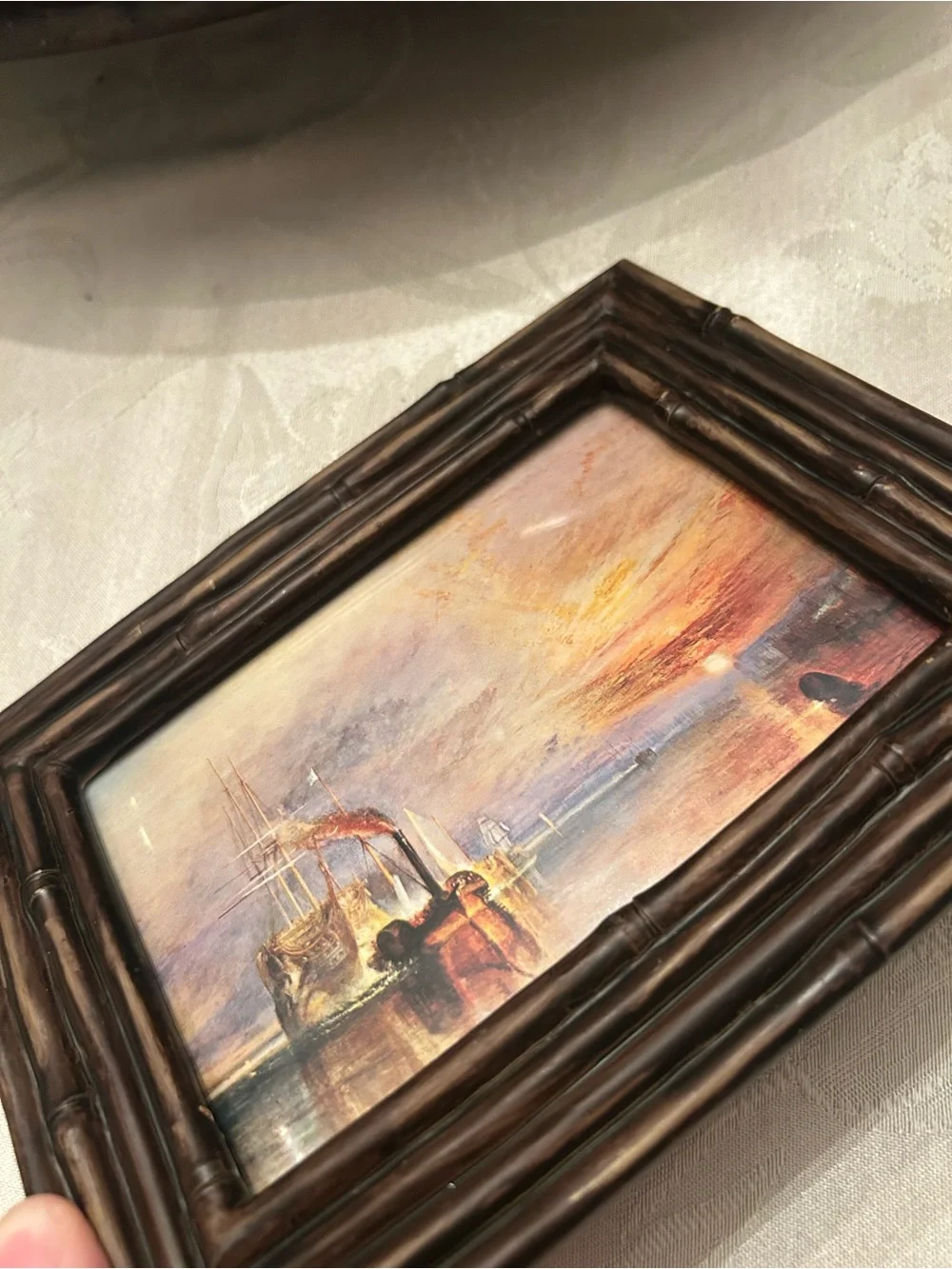 Vintage brown hallmark frame with vintage postcard copy of sailboat oil painting